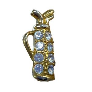 Golf pin brooch mini gold toned metal golf bag  glass rhinestones 3D shiny clubs